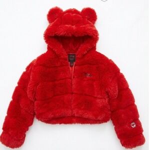 Disney Forever 21 Red Faux Fur Mickey Mouse Ear Hooded Cropped Jacket Womens M